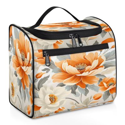 Adornori Floral Travel Toiletry Bag for Men and Women, Large Hanging Makeup Bag Organizer Toiletries Bag for Travel, Orange White Flowers Cosmetic Bag with Handle