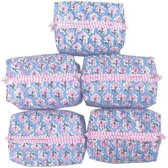 5 Pcs Mix Lot Indian Block Print Toiletry Bag Beautiful Colorful Make Up Bag Floral Printed Quilted Fabric Large Size Decorative Cotton Cosmetic Bag Toiletry Travel Bag