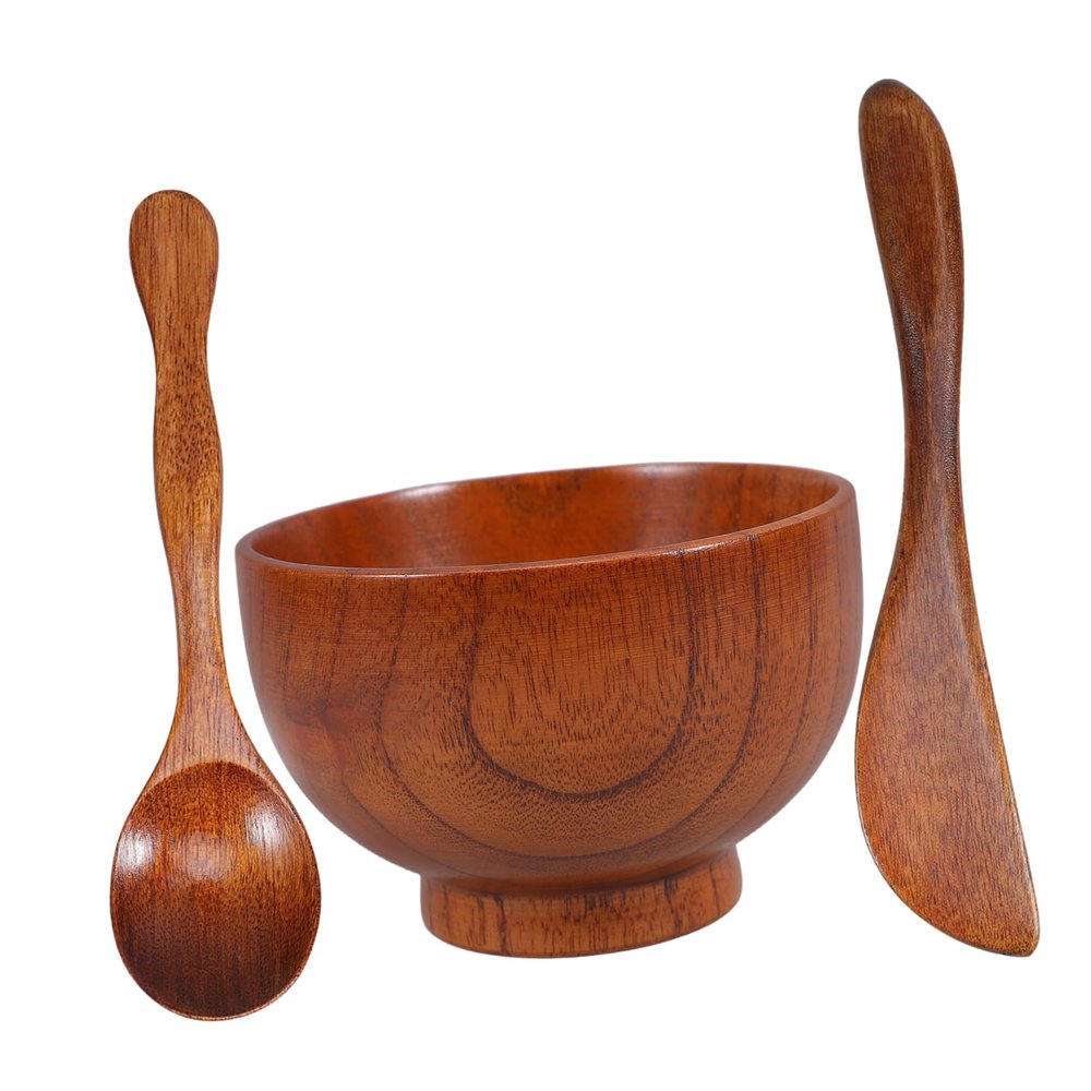 Anneome 3-Piece Wooden Facial Mask Mixing Bowl Set Spa Tools with Applicator Spoon Spatula for DIY Skincare and Mud Mask Preparation