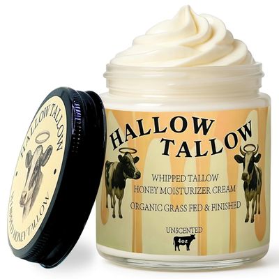 Hallow Tallow Whipped Beef Tallow Moisturizer  100% Grass-Fed & Finished Tallow Balm with Manuka Honey, Jojoba & Olive Oil, Calendula Extract  Natural Hydrating Face & Body Cream, 4oz