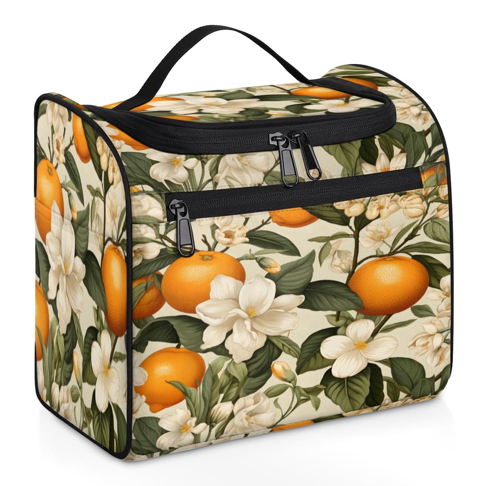 Adornori Orange Travel Toiletry Bag for Men and Women, Large Hanging Makeup Bag Organizer Toiletries Bag for Travel, Fruits Flower Cosmetic Bag with Handle