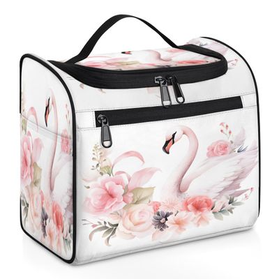 Adornori Cute Swan Travel Toiletry Bag for Men and Women, Large Hanging Makeup Bag Organizer Toiletries Bag for Travel, Flower Swan Cosmetic Bag with Handle