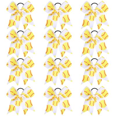 12 PCS Softball Baseball Cheer Bows, Sparkly Rugby Hair Bows with Elastic Hair Ties Accessories for Teens Girls Women Cheerleading Softball Competition Sports (Yellow Softball)