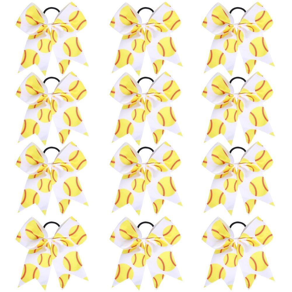12 PCS Softball Baseball Cheer Bows, Sparkly Rugby Hair Bows with Elastic Hair Ties Accessories for Teens Girls Women Cheerleading Softball Competition Sports (Yellow Softball)