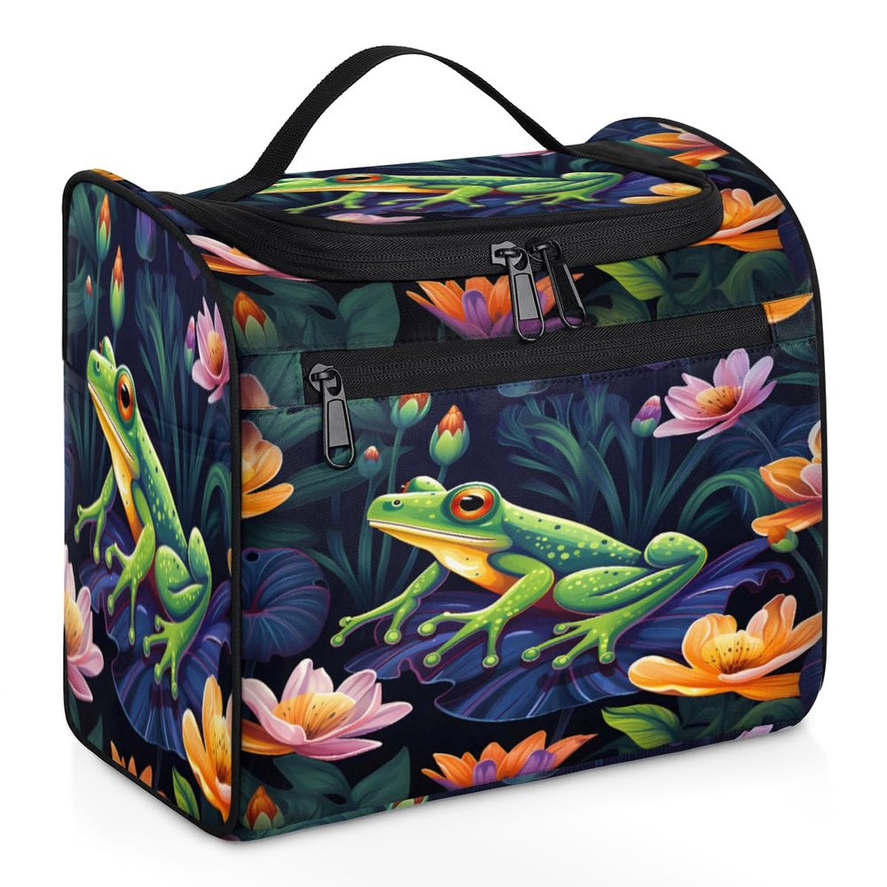 Adornori Cute Frogs Travel Toiletry Bag for Men and Women, Large Hanging Makeup Bag Organizer Toiletries Bag for Travel, Flower Frog Cosmetic Bag with Handle
