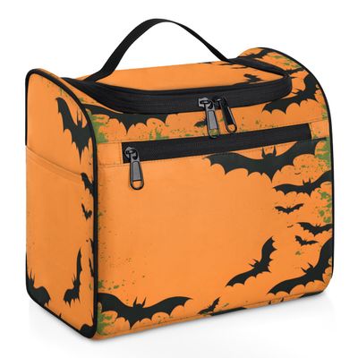 Adornori Halloween Travel Toiletry Bag for Men and Women, Large Hanging Makeup Bag Organizer Toiletries Bag for Travel, Halloween Theme Black Bat Cosmetic Bag with Handle