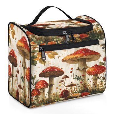Adornori Mushroom Travel Toiletry Bag for Men and Women, Large Hanging Makeup Bag Organizer Toiletries Bag for Travel, Seasonal Vintage Cosmetic Bag with Handle