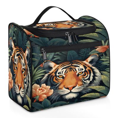 Adornori Tropical Jungle Tiger Travel Toiletry Bag for Men and Women, Large Hanging Makeup Bag Organizer Toiletries Bag for Travel, Tropic Forest Safari Cosmetic Bag with Handle
