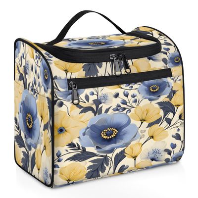 Adornori Floral Flower Travel Toiletry Bag for Men and Women, Large Hanging Makeup Bag Organizer Toiletries Bag for Travel, Yellow Blue Cosmetic Bag with Handle