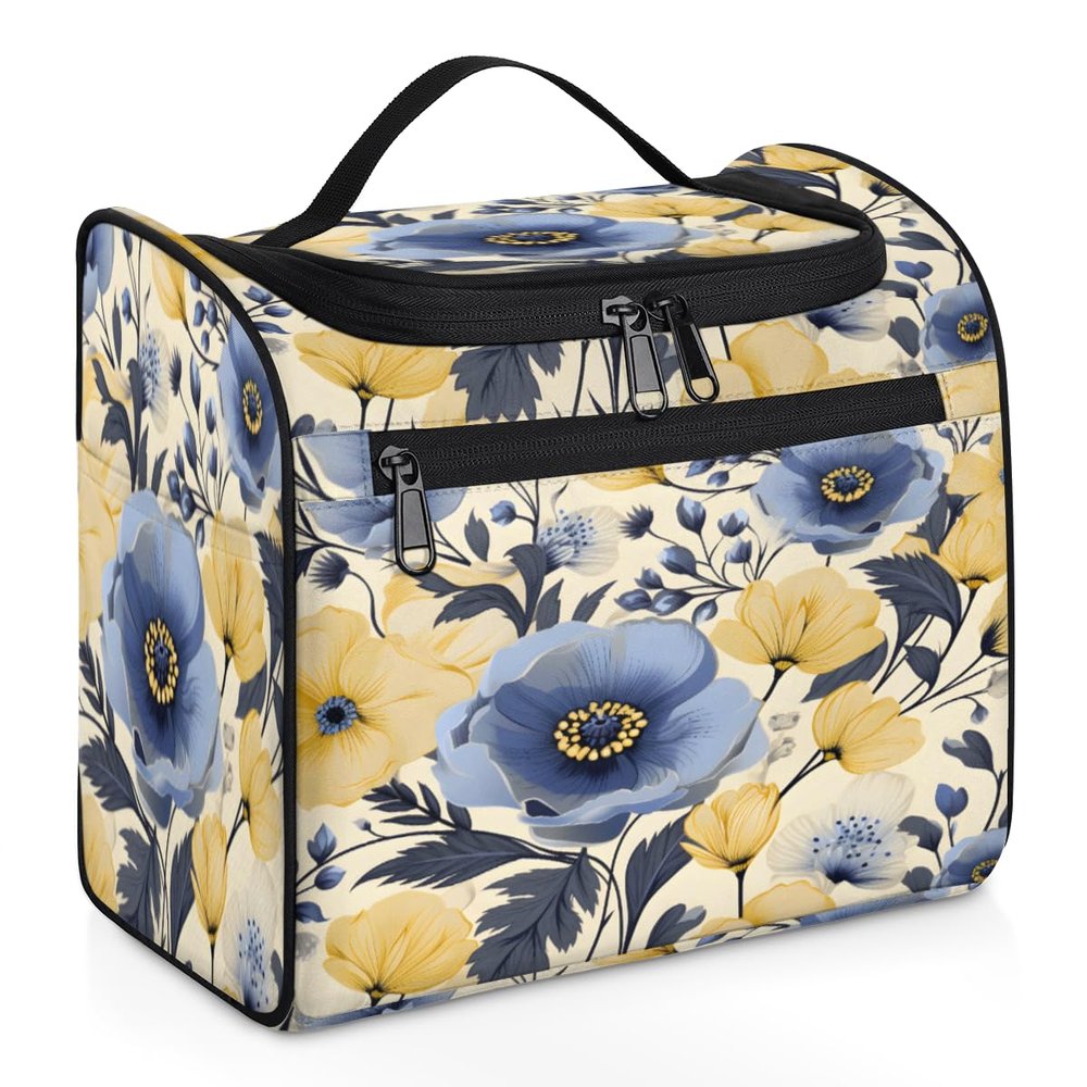 Adornori Floral Flower Travel Toiletry Bag for Men and Women, Large Hanging Makeup Bag Organizer Toiletries Bag for Travel, Yellow Blue Cosmetic Bag with Handle