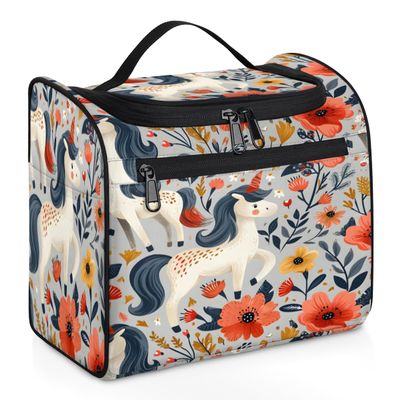Adornori Flower Travel Toiletry Bag for Men and Women, Large Hanging Makeup Bag Organizer Toiletries Bag for Travel, Unicorn Cosmetic Bag with Handle