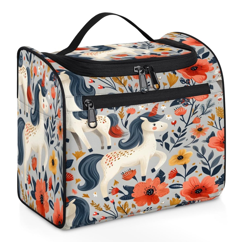 Adornori Flower Travel Toiletry Bag for Men and Women, Large Hanging Makeup Bag Organizer Toiletries Bag for Travel, Unicorn Cosmetic Bag with Handle