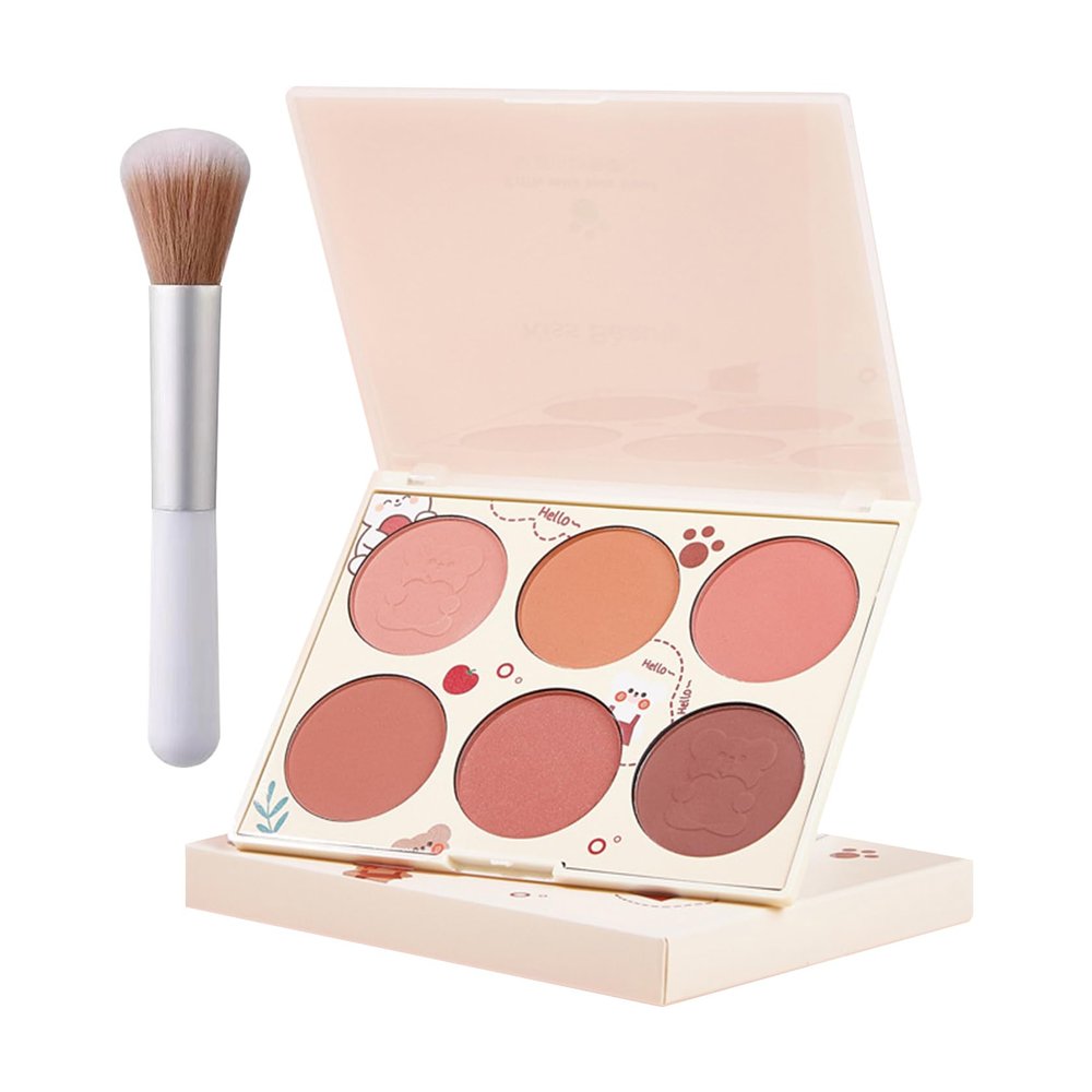 6 Colors Blush Palette for Cheeks with Make Up Brush,Face Matte Contour Blush Makeup Palette,Buildable Shimmer Facial Cheek Blusher Shades,Blendable Cosmetic Makeup Blush