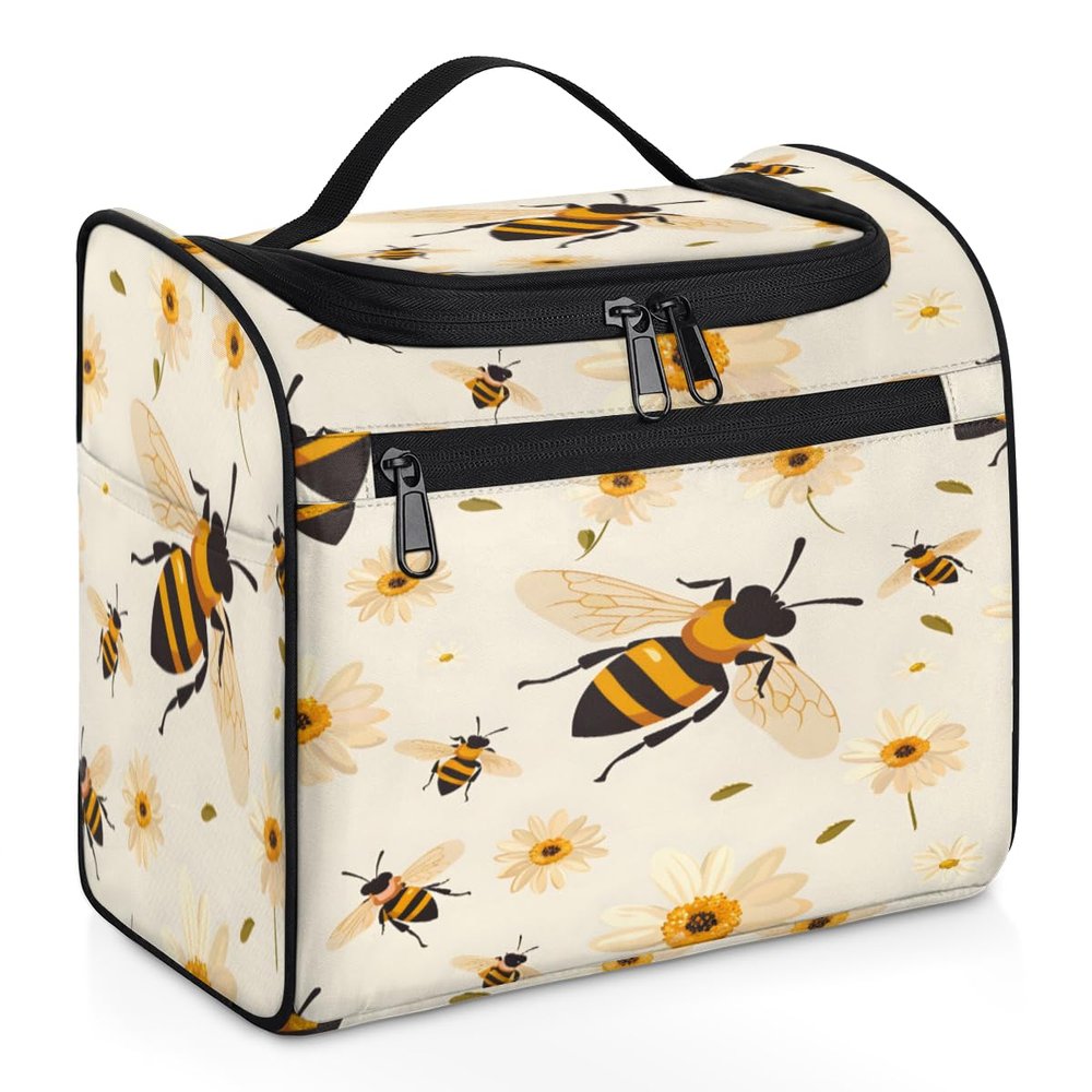 Adornori Bee Travel Toiletry Bag for Men and Women, Large Hanging Makeup Bag Organizer Toiletries Bag for Travel, Yellow Honey Floral Cosmetic Bag with Handle