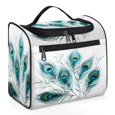 Adornori Watercolor Peacock Feather Travel Toiletry Bag for Men and Women, Large Hanging Makeup Bag Organizer Toiletries Bag for Travel, Animal Print Cosmetic Bag with Handle
