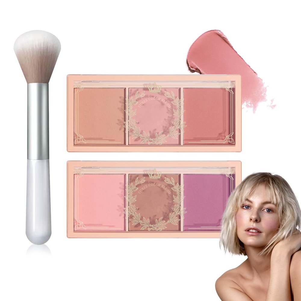 2Pcs 3 Colors Blush Palette,Matte Contour Makeup Blush for Cheeks,Waterproofing Highly Pigmented Face Cheek Blusher with Make Up Brush A10