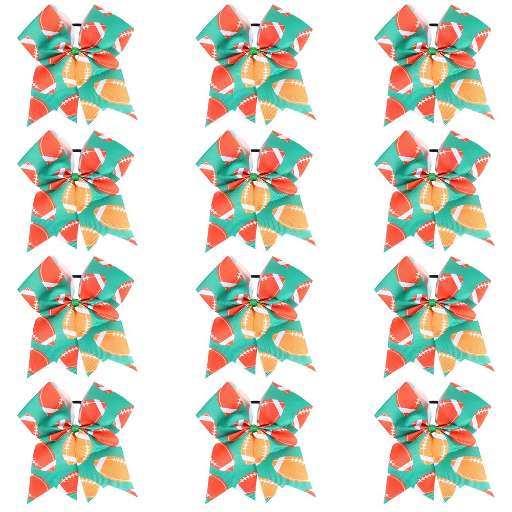 12 PCS Football Cheer Bows, Sparkly Rugby Hair Bows with Elastic Hair Ties Accessories for Teens Girls Women Cheerleading Softball Competition Sports (Green Football)