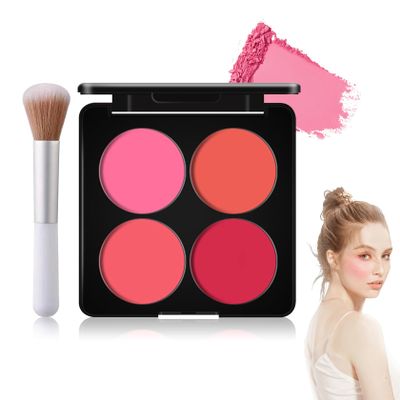4 Colors Blush Palette for Cheeks with Make Up Brush,Face Matte Contour Blush Makeup Palette,Buildable Shimmer Facial Cheek Blusher Shades,Blendable Cosmetic Makeup Blush