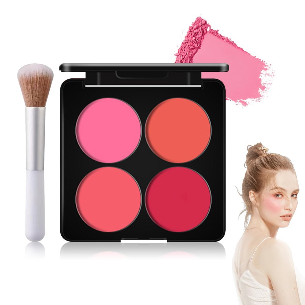 4 Colors Blush Palette for Cheeks with Make Up Brush,Face Matte Contour Blush Makeup Palette,Buildable Shimmer Facial Cheek Blusher Shades,Blendable Cosmetic Makeup Blush