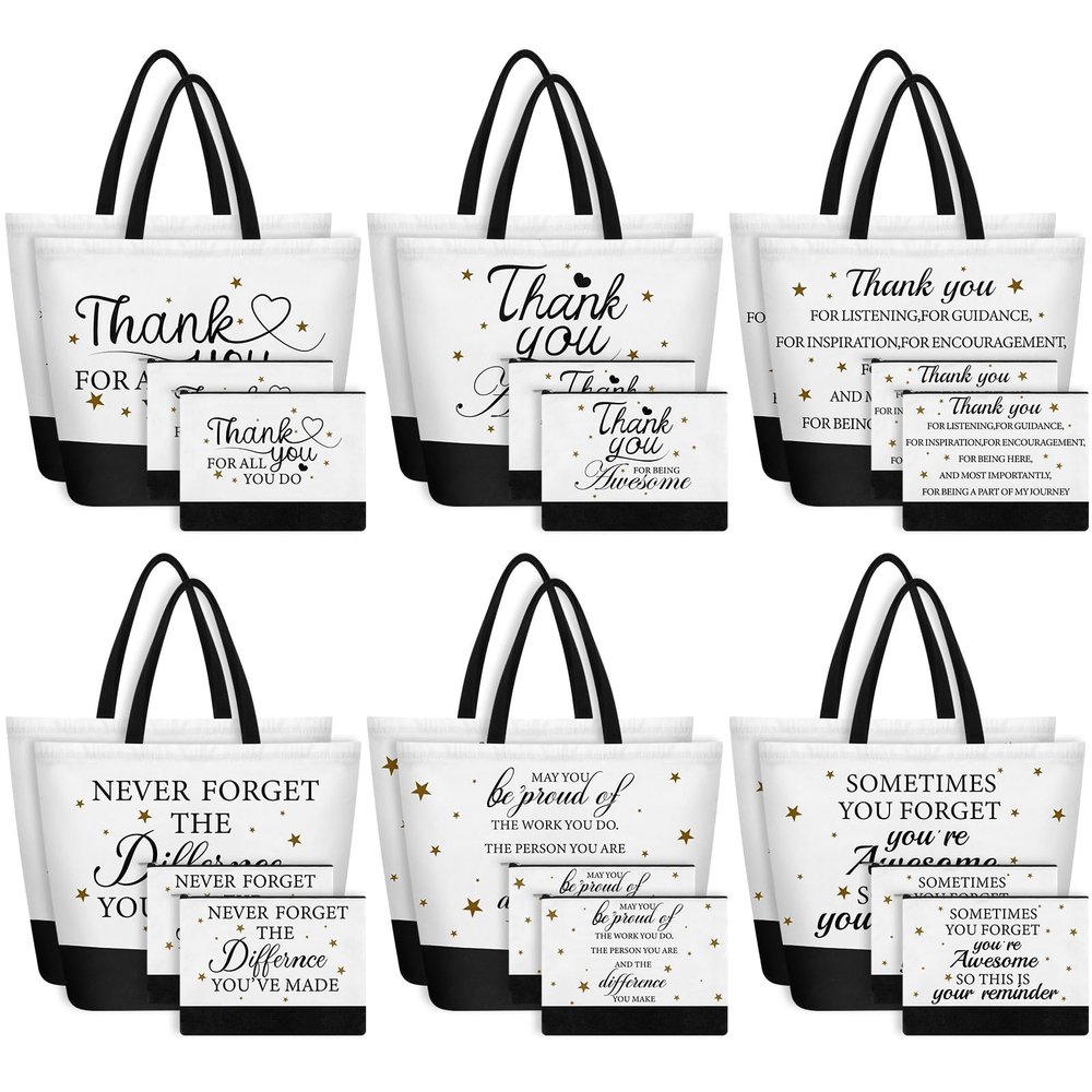 24PCS Thank You Canvas Tote Bags with Handles Zipper Employee Inspirational Makeup Bags for Employee Appreciation Gifts Women Aesthetic Canvas Bag Inspired Gift for Team Staff Teacher Coworkers Office