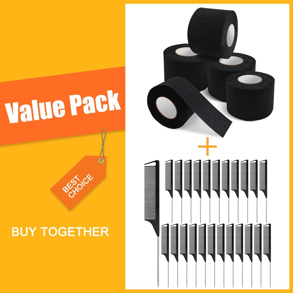 NICEMOVIC 5 Rolls Disposable Barber Paper Neck Strips and 24 Pack Rat Tail Parting Combs