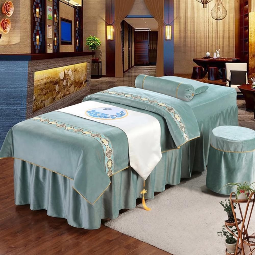 Green1,75x190cm/29.5x74.8in,Beauty Bed Blanket with Breather Holes,Elastic Salon SPA Bed Sheet Cover Massage Bed Cover Pillowcase Stool Cover Massage Table Sheets 4 Piece Set