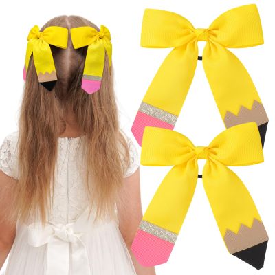 2PCS Back to School Hair Bows for Girls Pencil Cheer Hair Bow with Ponytail Holder Elastic Band Handmade for Kindergarten Girls Students Toddler Teacher Hair Accessories OutfitsPencil Yellow