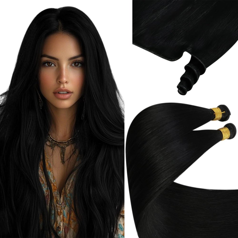 120g 14inch Natural Black Weft Hair Extensions Bundle Machine Weft Hair Extensions with Genius Sew in Extensions Human Hair 2 Packs
