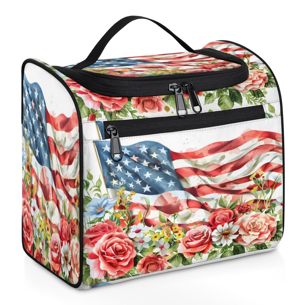 Adornori 4th of July USA Flag Travel Toiletry Bag for Men and Women, Large Hanging Makeup Bag Organizer Toiletries Bag for Travel, Flower American Flag Cosmetic Bag with Handle