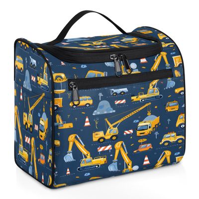 Adornori Excavator Travel Toiletry Bag for Men and Women, Large Hanging Makeup Bag Organizer Toiletries Bag for Travel, Tractor Machinery Trucks Cosmetic Bag with Handle