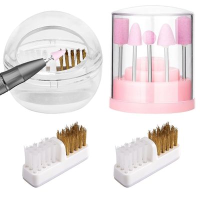 4-Piece Nail Drill Bit Care Kit With 48-Hole Storage, Dust-Proof Display Stand & Cleaner, Includes Soft Nylon & Hard Steel Brushes With 2 Replacements