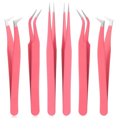 6 Pack Lash Extension Tweezers, Lash Tweezers For Eyelash Extensions, Straight and Curved Eyelash Tweezer, Fiber Tip Lash Tweezer for Professional Eyelash Extension Artists, Girls, Women