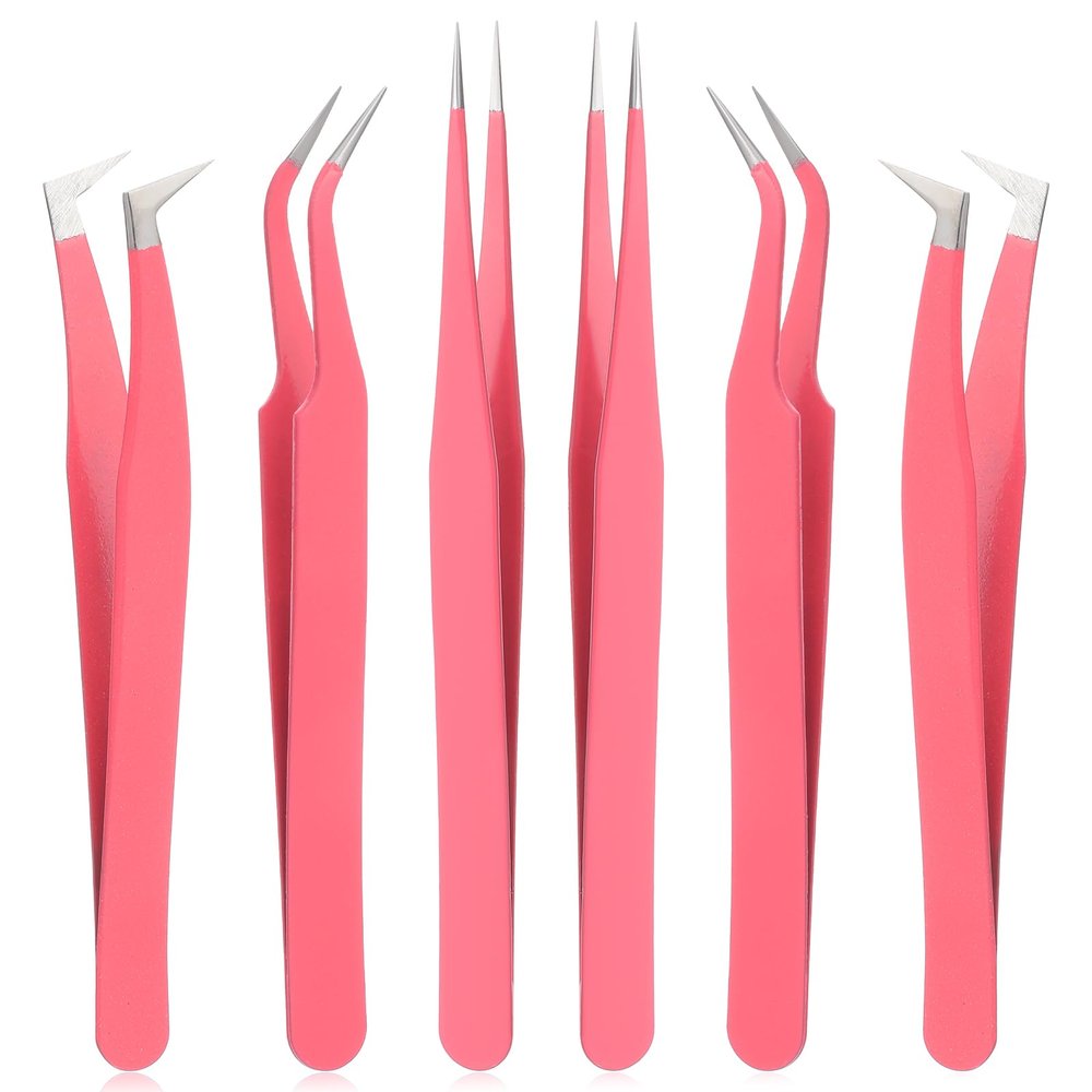 6 Pack Lash Extension Tweezers, Lash Tweezers For Eyelash Extensions, Straight and Curved Eyelash Tweezer, Fiber Tip Lash Tweezer for Professional Eyelash Extension Artists, Girls, Women