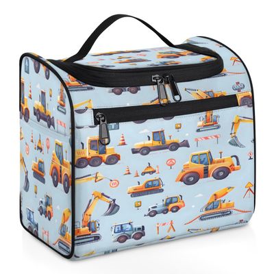 Adornori Excavator Travel Toiletry Bag for Men and Women, Large Hanging Makeup Bag Organizer Toiletries Bag for Travel, Cartoon Tractor Machinery Trucks Cosmetic Bag with Handle