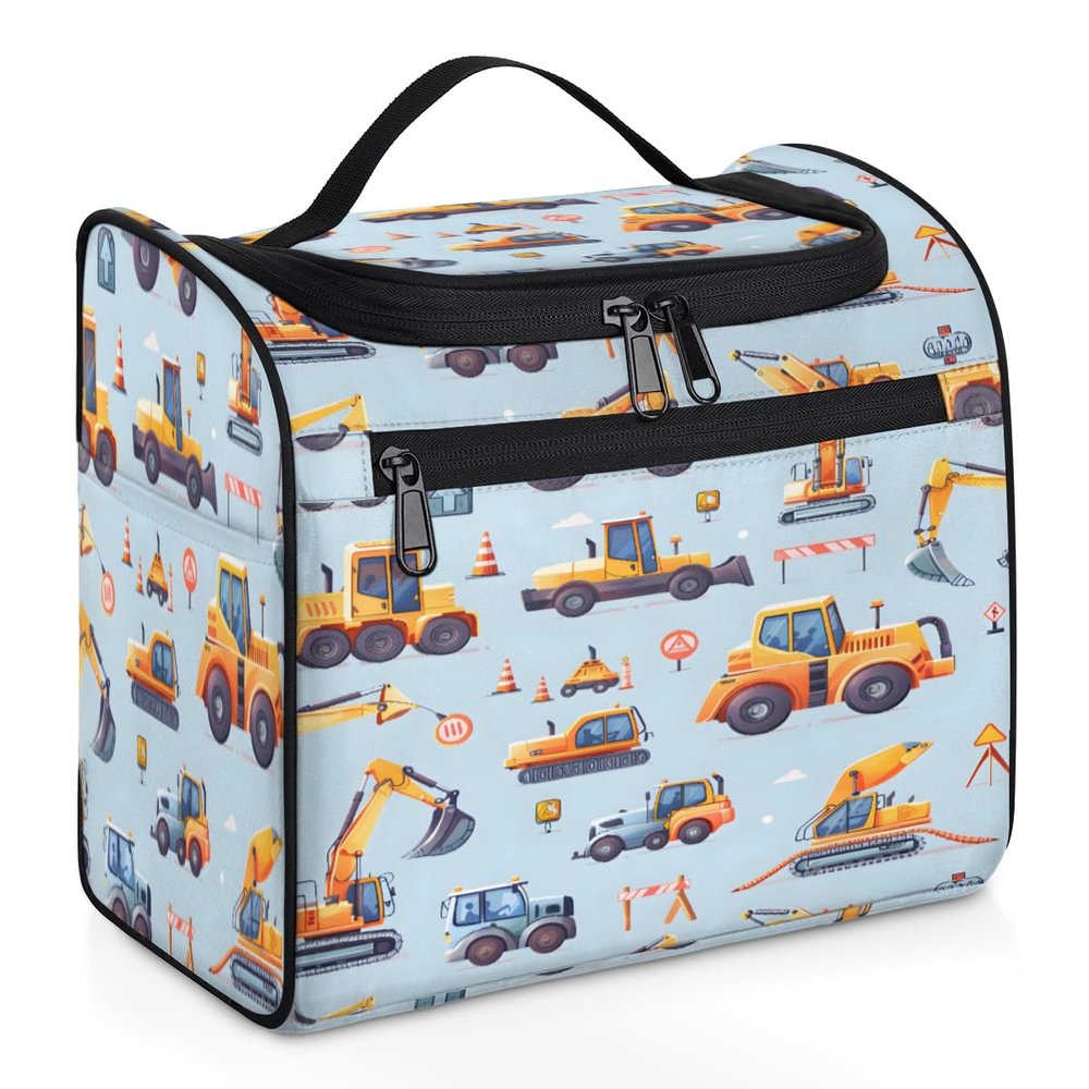 Adornori Excavator Travel Toiletry Bag for Men and Women, Large Hanging Makeup Bag Organizer Toiletries Bag for Travel, Cartoon Tractor Machinery Trucks Cosmetic Bag with Handle