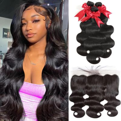 12A Body Wave Bundles with Frontal Human Hair 14 16 18+12 Inch Brazilian Virgin Body Wave Human Hair Weave 3 Bundles with 13x4 HD Lace Frontal Closure