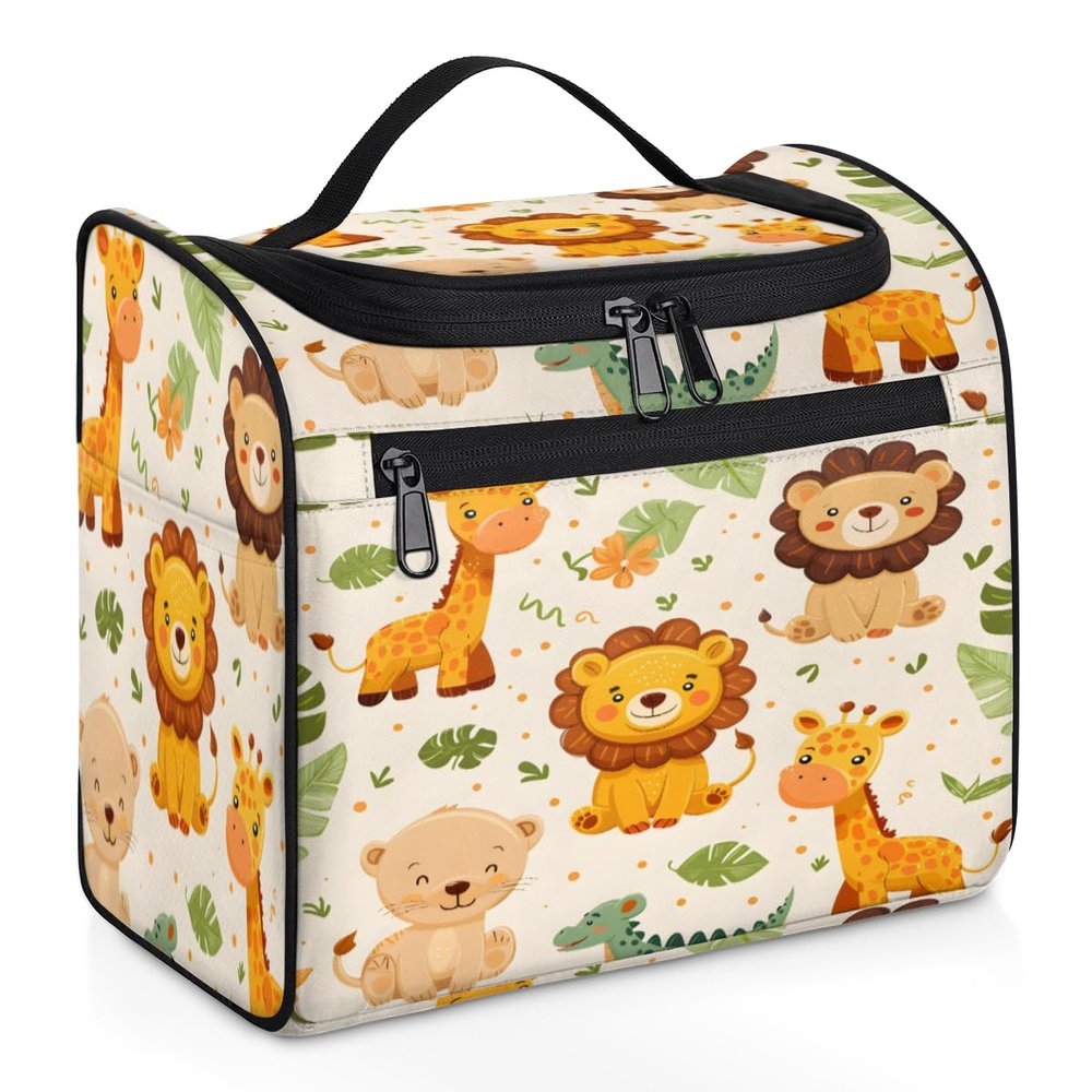 Adornori Safari Animals Travel Toiletry Bag for Men and Women, Large Hanging Makeup Bag Organizer Toiletries Bag for Travel, Giraffe Lion Crocodile Cosmetic Bag with Handle