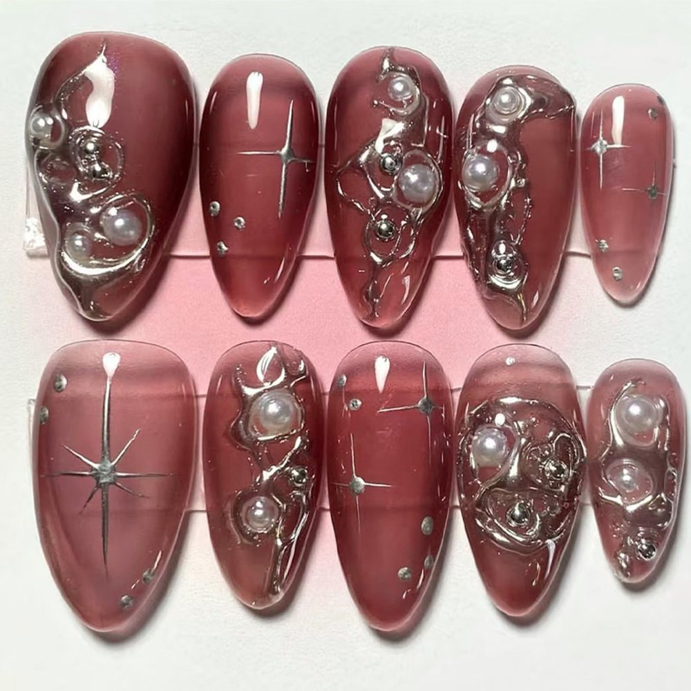 BQZQPAMZ 24pcs Red Almond Fake Nails Silver Line Design Press on Nails Medium Almond Summer Full Cover Acrylic Nails for Women DIY Nail Decoration Supplies Stick on Nails