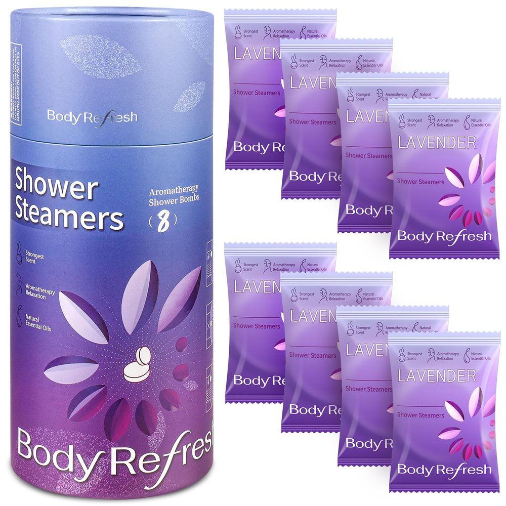 BodyRefresh Lavender Shower Steamers Aromatherapy - Birthday Gifts for Women, 8 Pack Shower Bombs with Essential Oils, Stress Relief, White Elephant Christmas Gifts, Stocking Stuffers for Adults, Teen