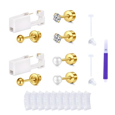 AVYRING Ear Piercing Gun Kit - 2 Pcs Gold Self Ear Piercing Kit with Earring Stud Hypoallergenic Steel Tools at Home 20g Pearl Flat Back Stud Earrings 3mm Cubic Zirconia