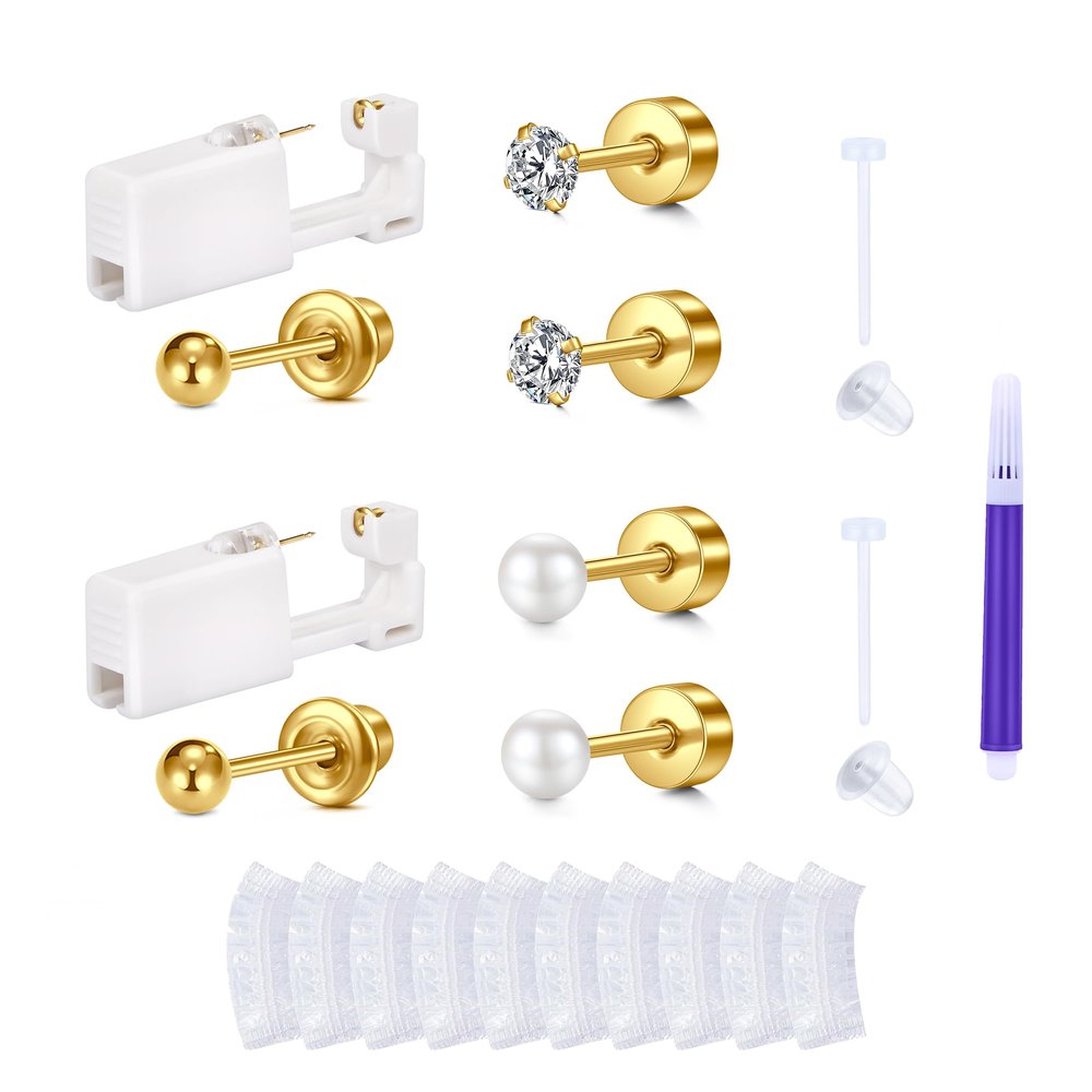 AVYRING Ear Piercing Gun Kit - 2 Pcs Gold Self Ear Piercing Kit with Earring Stud Hypoallergenic Steel Tools at Home 20g Pearl Flat Back Stud Earrings 3mm Cubic Zirconia