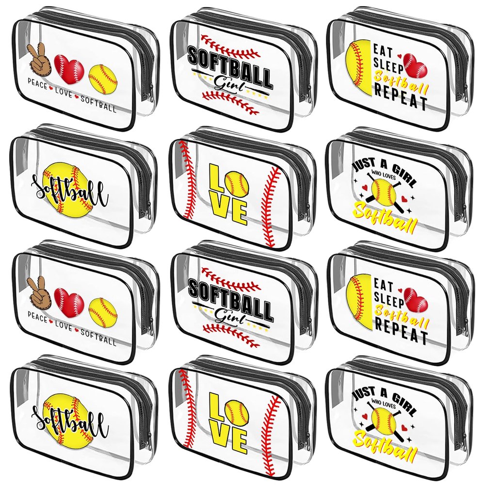 12 Pcs Softball Clear Cosmetic Bags For Women 7.1 x 4.7 x 2.4'', Baseball Lover Makeup Bags, Softball Cosmetic Bag, Birthday Christmas Graduation Gifts For Baseball Players, Travel Toiletry Pouch