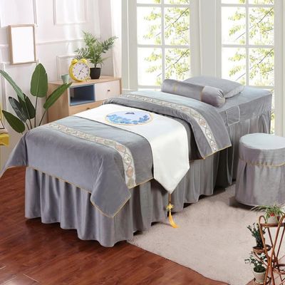Gray,70x180cm/27.5x70.8in,Beauty Bed Blanket with Breather Holes,Elastic Salon SPA Bed Sheet Cover Massage Bed Cover Pillowcase Stool Cover Massage Table Sheets 4 Piece Set