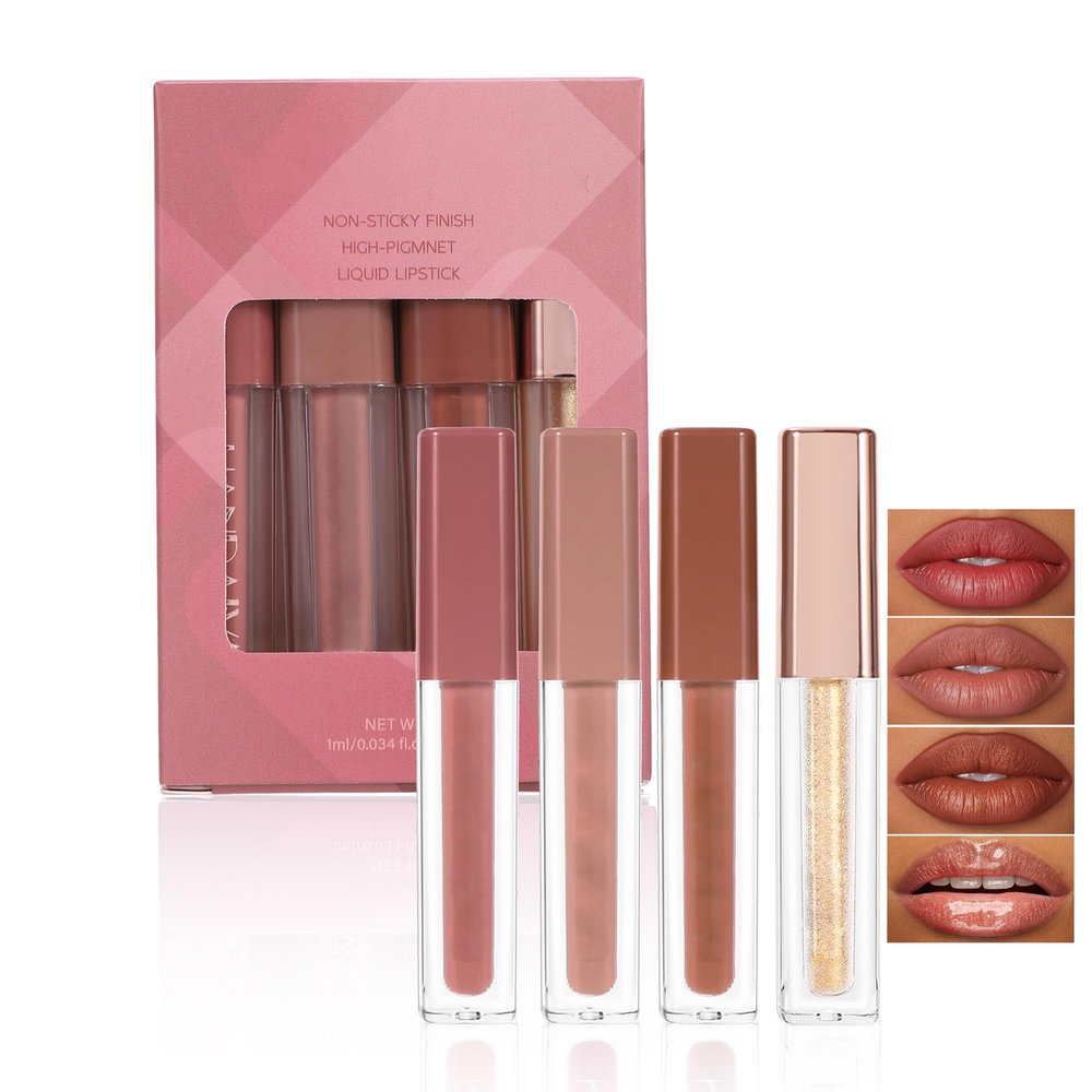 BEUKING Matte Lip Gloss Set, Non-sticky Liquid Lipstick 4Pcs Set, Waterproof Galze Lipstick, Matte Smooth Pearlescent Lip Gloss for Halloween Party Makeup (Set C, #07+#10+#11+#12)