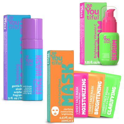 BeYoutiful 3-Piece Skincare Bundle for Kids & Teens  Face Mask Set (3ct), Vitamin C Brightening Serum (1.35oz), and Gentle Face Wash (5oz)  Preppy Skincare for Boys & Girls Ages 817