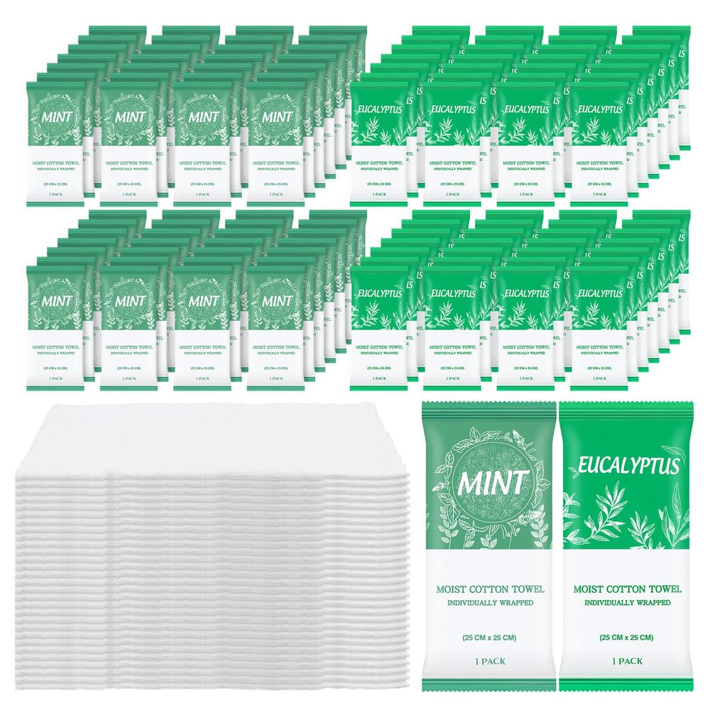 Moist Towelettes, Disposable Pre Moistened Towels Individually Wrapped, Soft Portable Face & Body Wet Towels for Travel Hotel Sport Camping Spa 9.8 x 9.8 inch Mint & Eucalyptus Leaf (200 Pack)