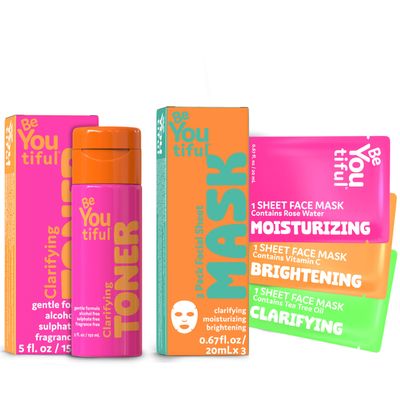 BeYoutiful Kids & Teens Spa Set  Hydrating Face Mask Set (3ct) + Clarifying Face Toner (5oz)  Gentle Skincare for All Skin Types, Boys & Girls Ages 817