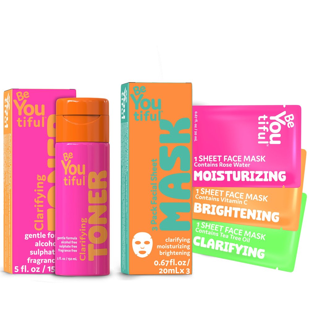 BeYoutiful Kids & Teens Spa Set  Hydrating Face Mask Set (3ct) + Clarifying Face Toner (5oz)  Gentle Skincare for All Skin Types, Boys & Girls Ages 817