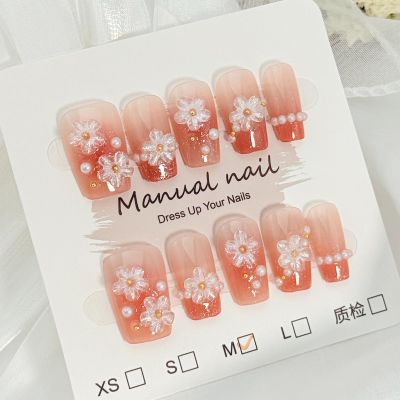 BQZQPAMZ Pink Glossy Press on Nails Medium Coffin With Pearl Design 3D Flower Square Fake Nails Summer Floral Press on Nails Full Cover Acrylic Nails for Women DIY Spring Nail Art Supplies