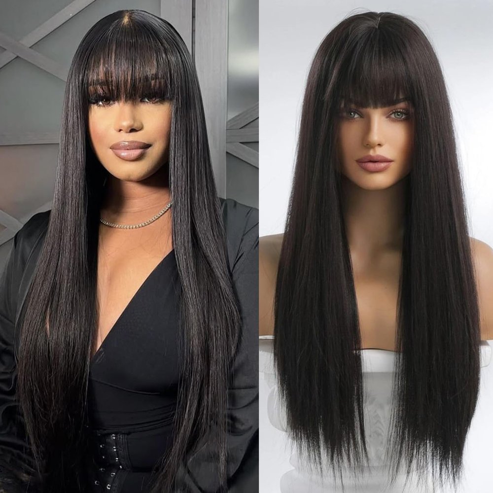 Twigoal Straight Wigs with Bangs Human Hair Wigs for Black Women Wigs Brazilian Virgin Hair Glueless Wig Natural Color40inch